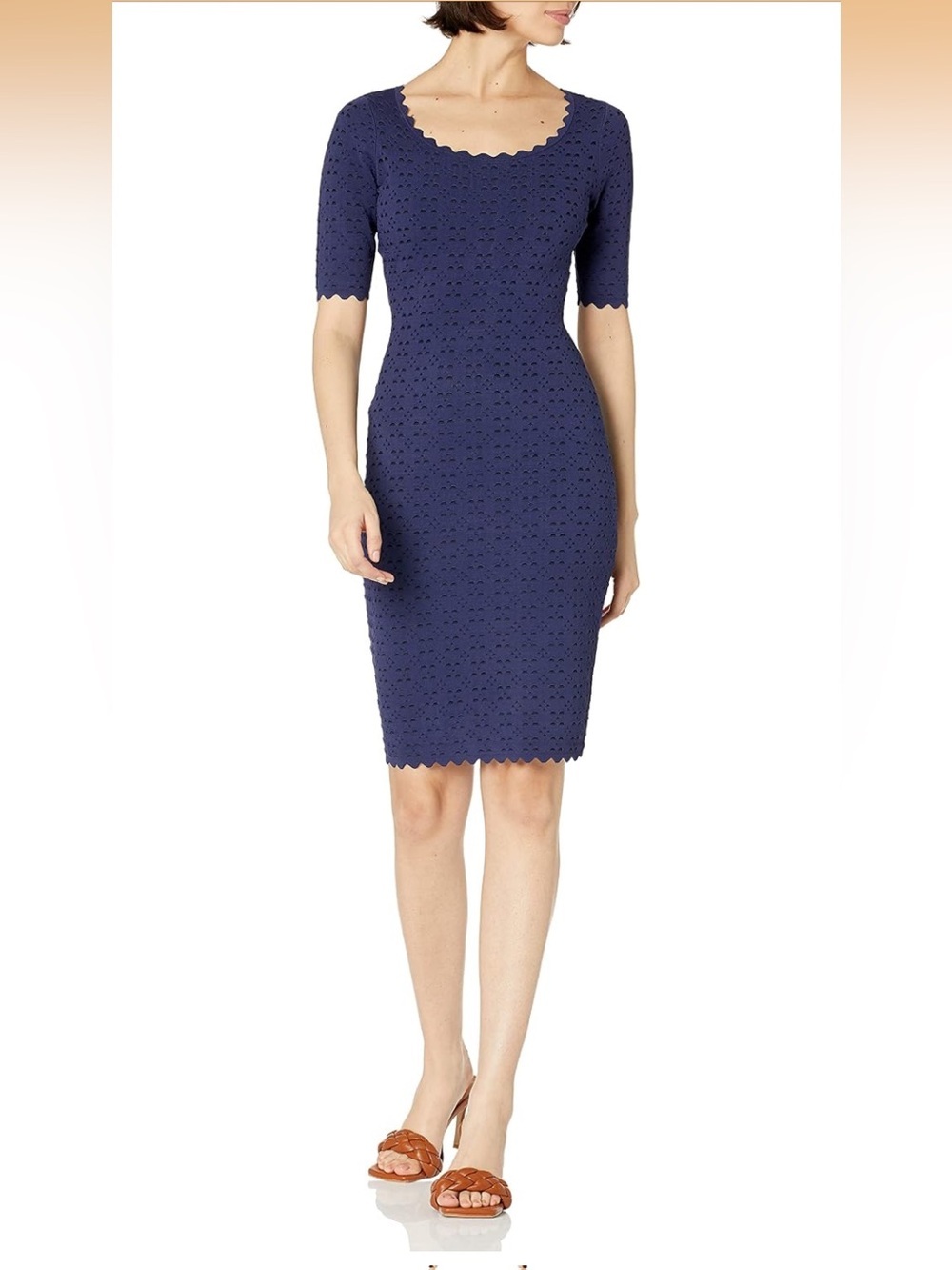 Milly laser-cut pointelle scalloped short-sleeve Navy sheath dress Size Medium
